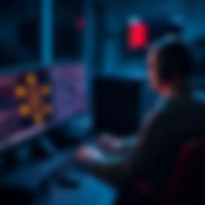 A U.S. military personnel working on a computer displaying Bitcoin symbols, representing the military's initiative to run a Bitcoin node for strategic purposes.