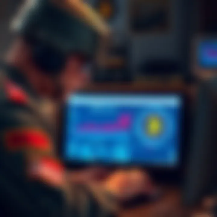 A soldier inspecting a computer setup with Bitcoin graphics on the screen, representing the military's operation of a live Bitcoin node.
