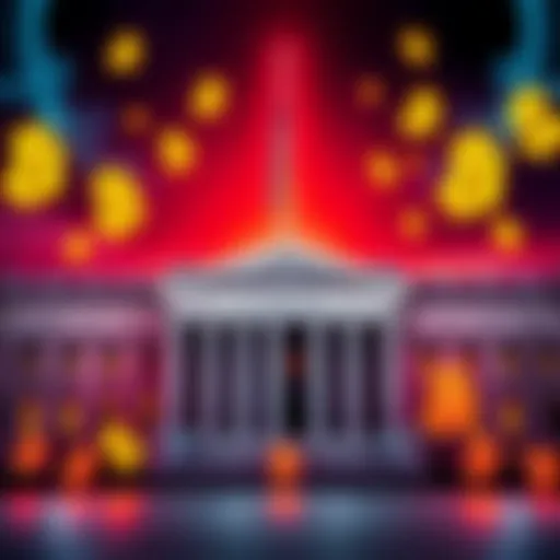 A graphic showing the US Treasury building with Bitcoin symbols and dollar signs to represent financial concerns