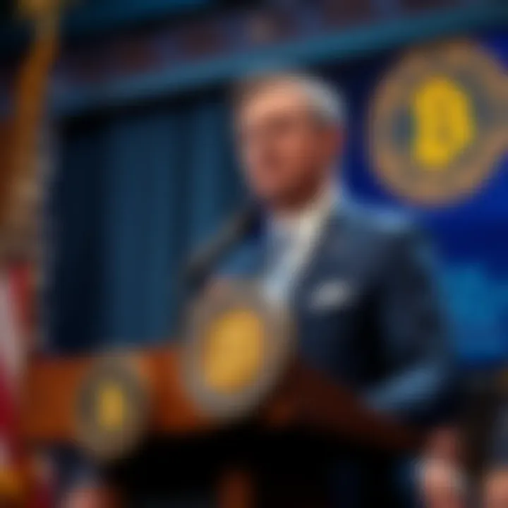U.S. Treasury Secretary Bessent speaking at a podium about Bitcoin purchase decision