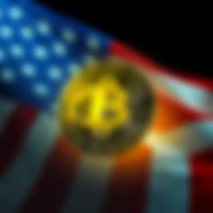 A representation of the USA moving from the US dollar to cryptocurrency, showing a digital coin symbol against a backdrop of the American flag.