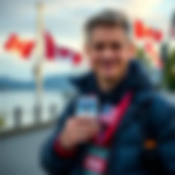 A person standing at Peace Arch Park holding a USA badge, with the US-Canada border in the background and flags waving.