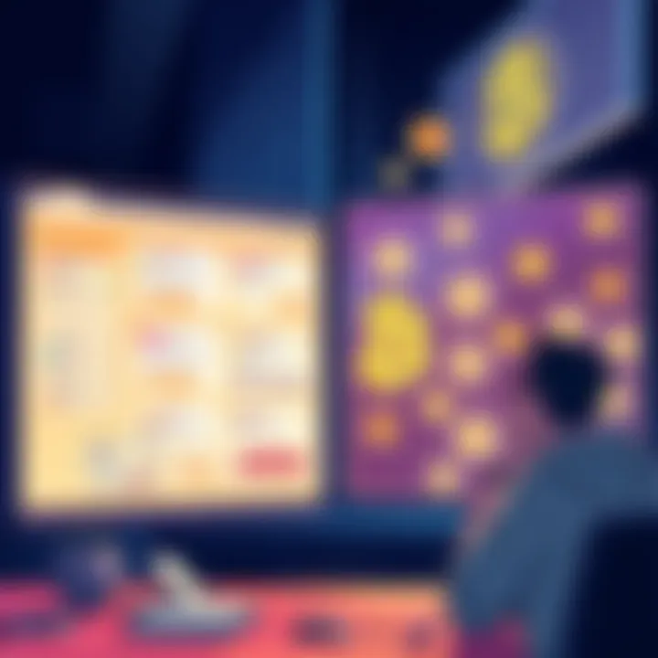 An illustration showing a split screen with usability challenges on one side, featuring complex interfaces, and trust issues on the other side, showing a worried person looking at cryptocurrency symbo...