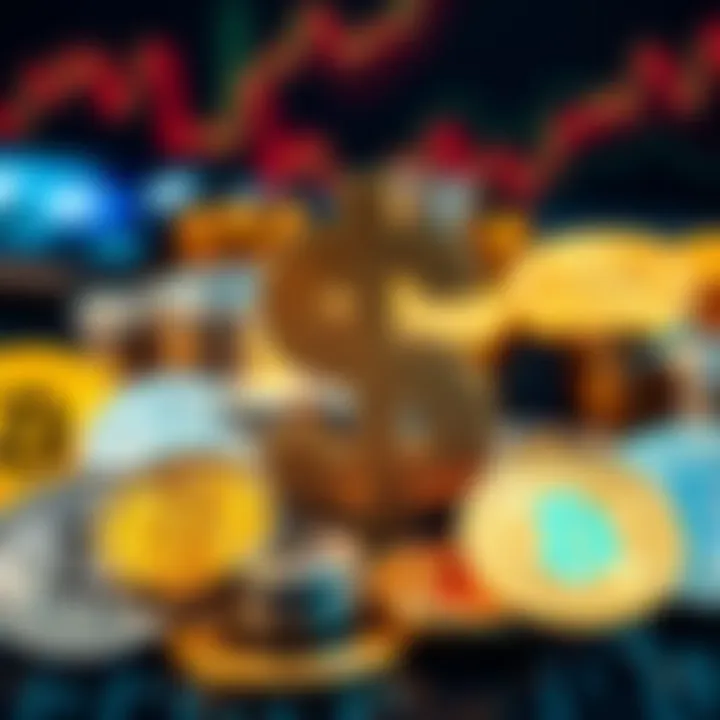 A graphic showing the US dollar symbol alongside various cryptocurrency coins, representing the relationship between fiat and digital currencies.