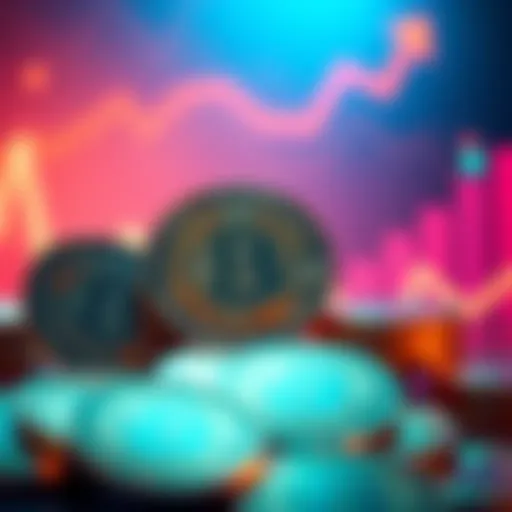 A visual representation of USDC coins with a backdrop of rising graphs indicating a surge in issuance on Hedera