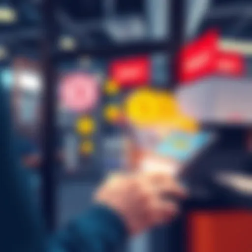 USDC Checkout Illustration A merchant using a digital payment terminal for USDC transactions, with graphics of USDC coins and a shopping cart on the screen.