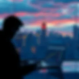 Person analyzing cryptocurrency transfers and loans on a laptop with a city skyline in the background