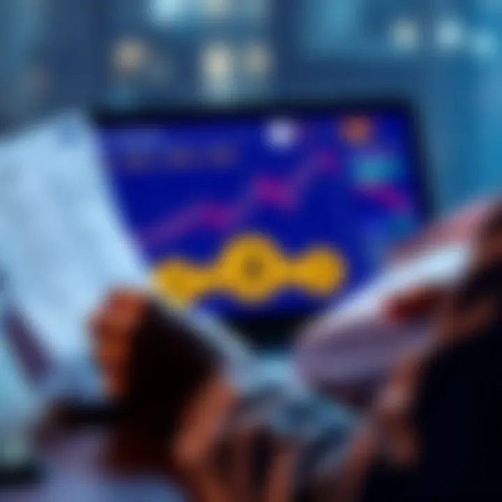 USDC loans on Coinbase A person reviewing financial documents while using a laptop with Bitcoin and USDC symbols displayed on the screen