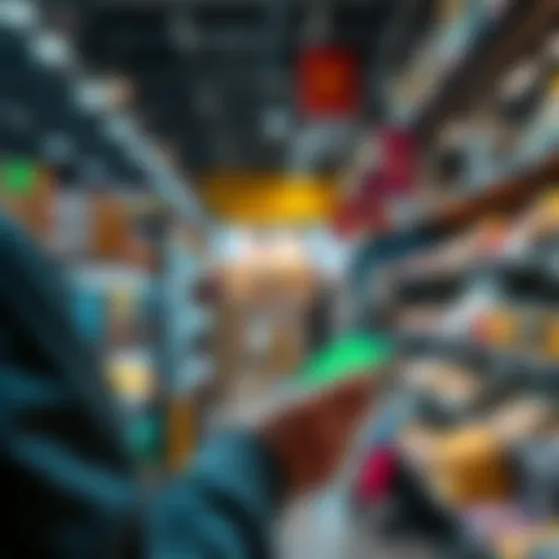 A person making a payment using USDC on a smartphone in a store setting