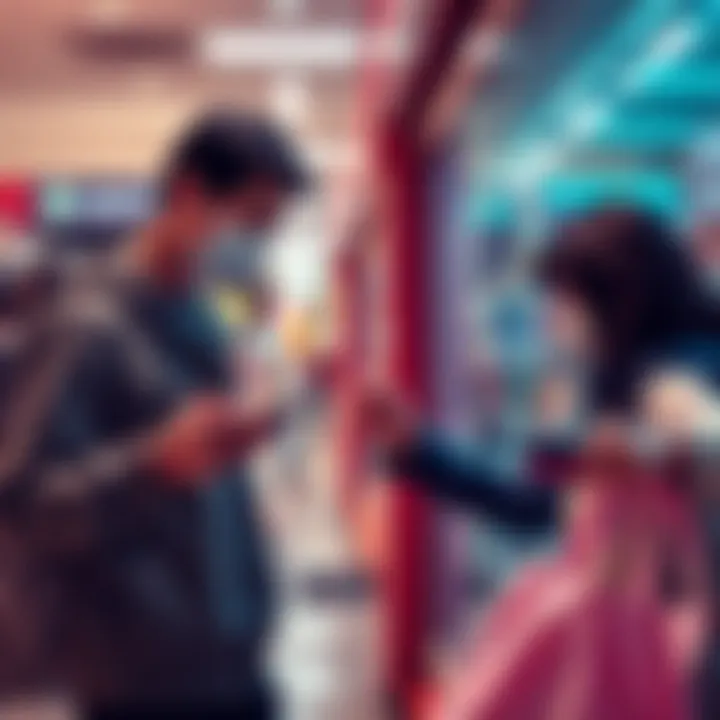 A person using a smartphone to make a payment with USDC at a store, while another person looks on with a bank card in hand.