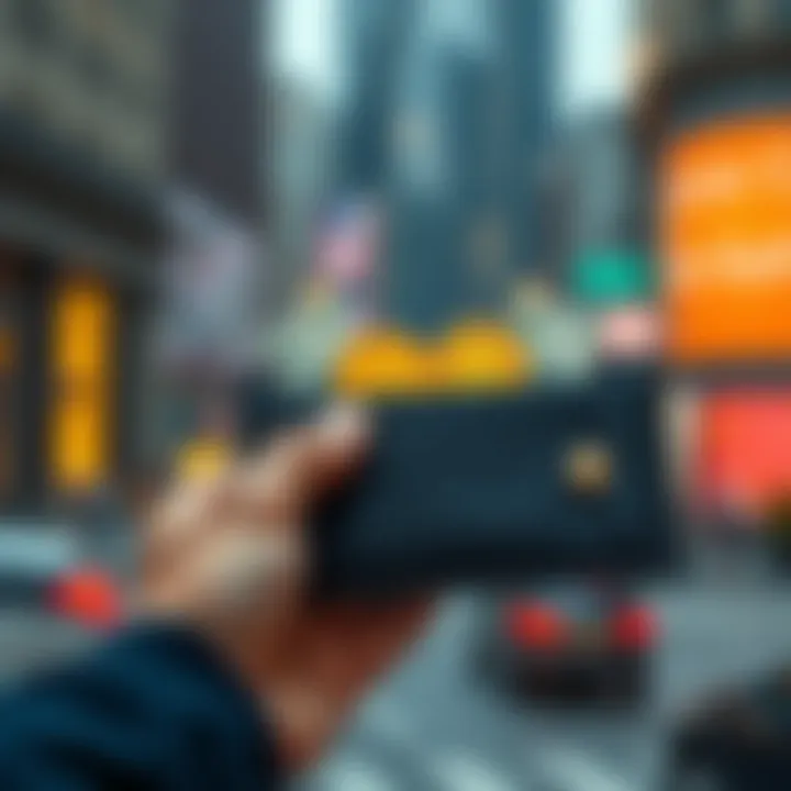 A person holding a wallet with digital currency icons, contemplating savings options, with a blurred background of city currency notes.