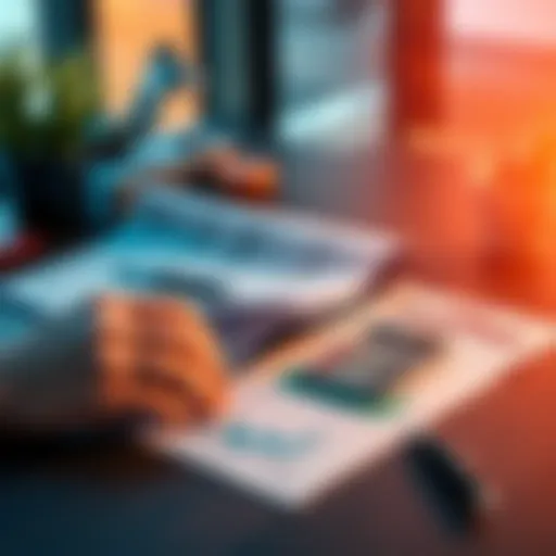 A person reviewing financial documents with a calculator and USDC symbols on the table