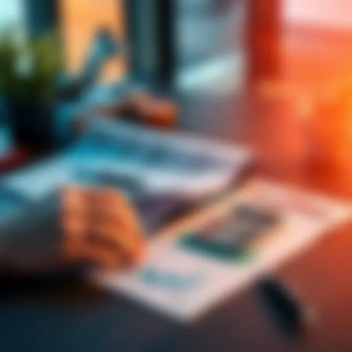 A person reviewing financial documents with a calculator and USDC symbols on the table