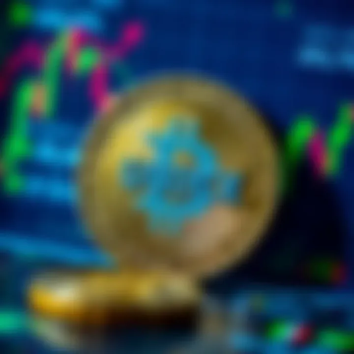A close-up view of a digital coin representing USDCx, surrounded by a graph showing market trends and exchange logos.