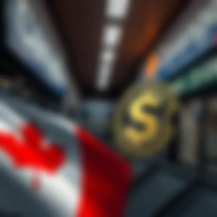 A Canadian flag alongside a digital currency symbol representing USDT with empty exchange signage in the background