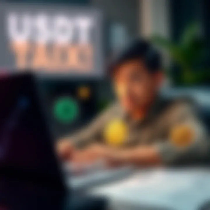 A person looking confused while checking cryptocurrency rules on a laptop, with images of crypto wallets and tax documents