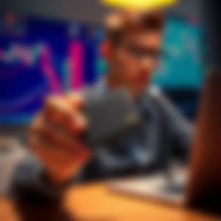 A person holding a used Ledger Flex crypto wallet, looking thoughtful about selling it, with a laptop and crypto charts in the background.