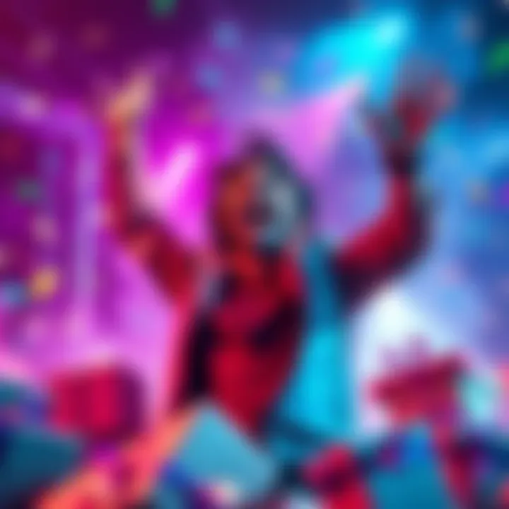 A person joyfully celebrating their first-tier jump with colorful parcels around them, ready for the SRB event.