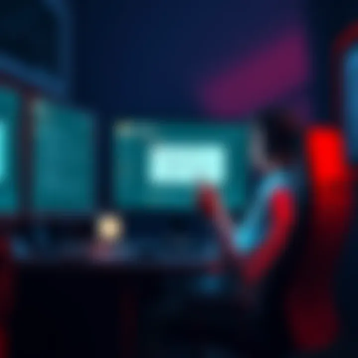 User Navigating Cloud Staking Interface A frustrated user sits at a computer, looking at a cloud staking site with error messages on the screen, highlighting balance issues.