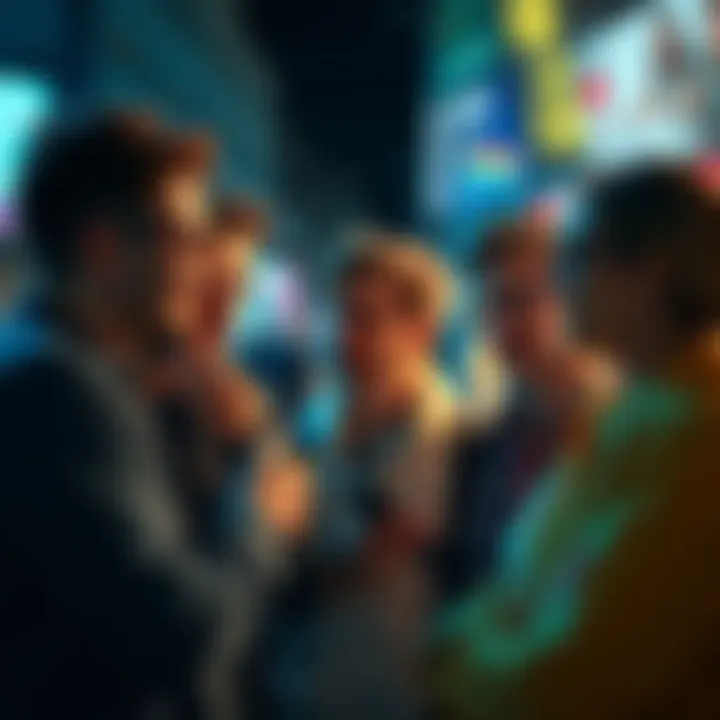 A group of people sharing thoughts about advertising problems in a mobile app.