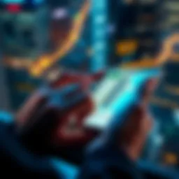 Person using the Atlas Earth app on a smartphone, showing a city map with buildings and landmarks, highlighting the app's features