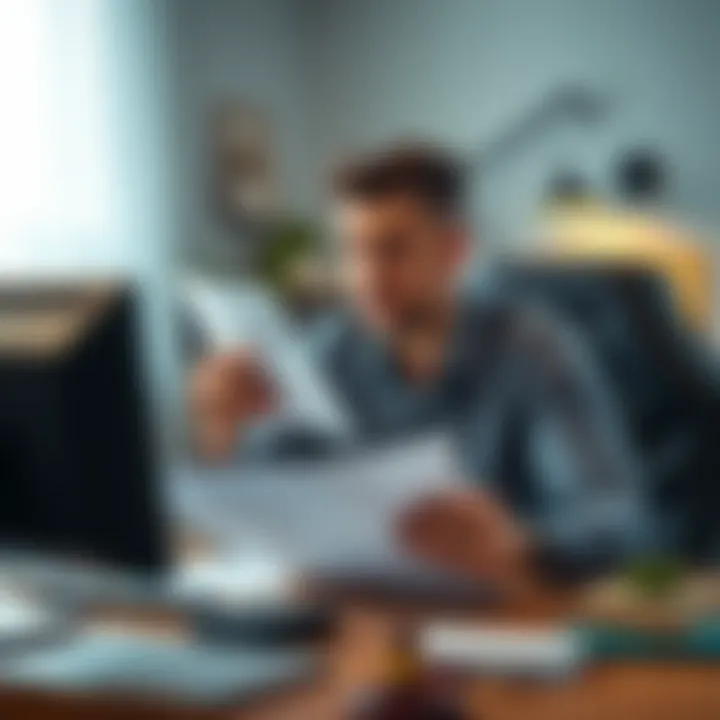 A person holding legal documents, looking frustrated while seated at a desk with a computer, symbolizing a dispute over account restrictions and investment profits.