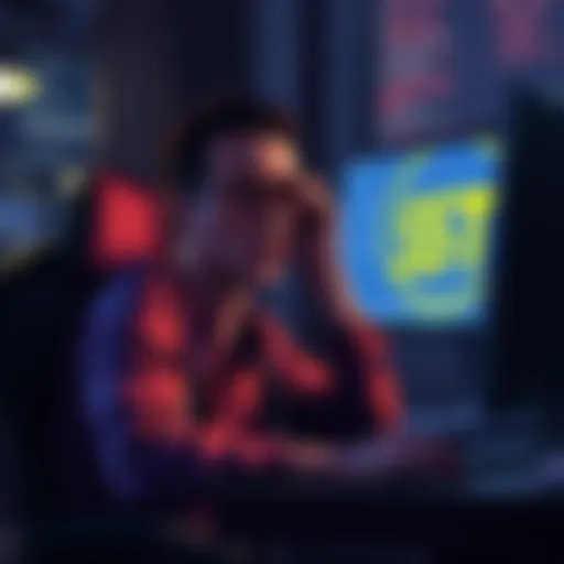 A person sits at a computer looking frustrated, with a Coinbase logo and a representation of USDT funds visible on the screen. They are considering legal options due to inaccessible funds.