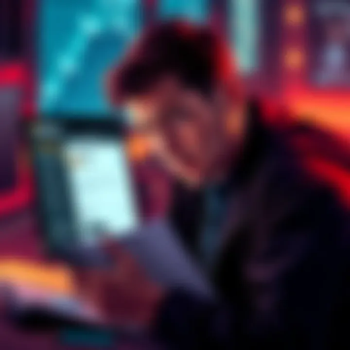 A person looking frustrated while searching their notes and digital devices for lost bitcoin seed phrases, with a wallet app open on a screen displaying an unclear balance.