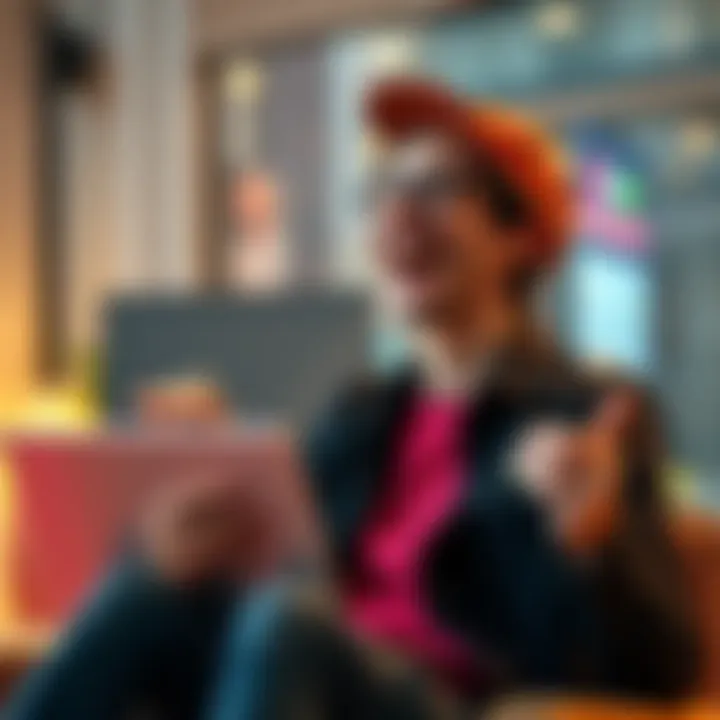 A person excitedly sharing their experience about earning money from a testing platform, with a laptop and cash in hand.