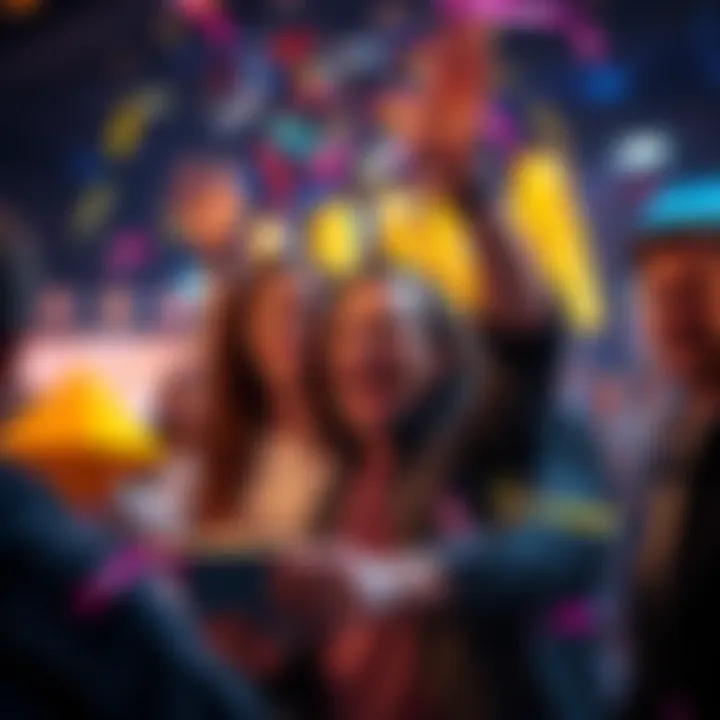 A user joyfully celebrates their first win on an online forum, with confetti and smiles, sharing the moment with others.