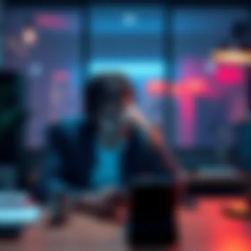 A person sitting at a desk, looking frustrated and closing a financial app on their phone.