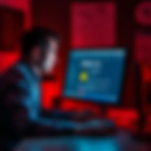 A worried person sitting at a desk, looking at a computer screen displaying a Ledger Live update with warning signs
