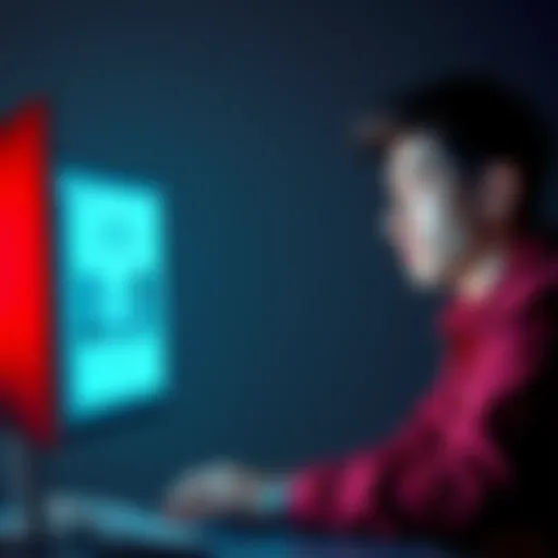 A person sitting at a computer looking frustrated after receiving a notice of account ban, with a confused expression on their face.