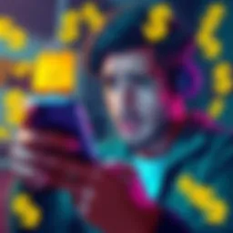 A person looking at their phone with a worried expression, showing frustration over app withdrawal problems, surrounded by dollar signs and a notification symbol