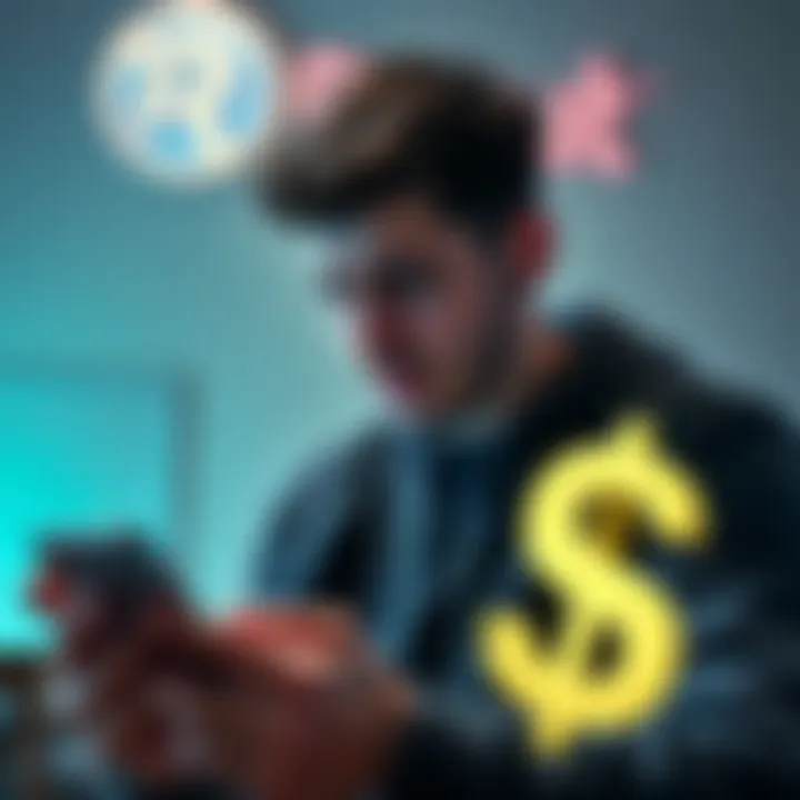 User frustrated with frozen account A person looks stressed while checking their phone, with a Revolut logo in the background and a large amount of money symbol beside them.
