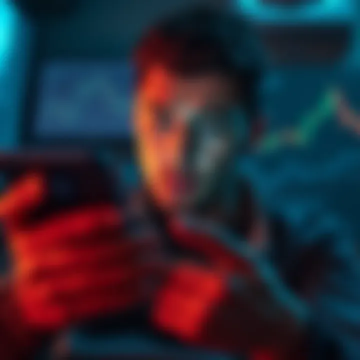 A person looks worried while checking their phone, showing the Kraken app with a Bitcoin symbol visible on the screen, surrounded by charts indicating falling profits.
