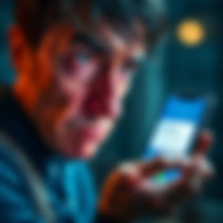 A person looking at their phone with a worried expression, showing a bank app with a closed account notification.