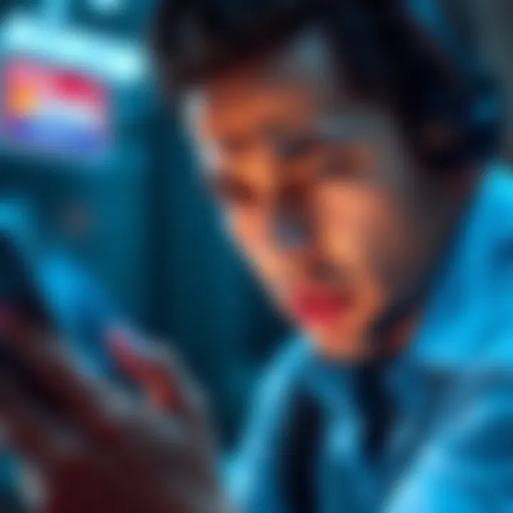 A frustrated person looks at their phone with a service limitation message displayed, showing a blocked fund withdrawal.