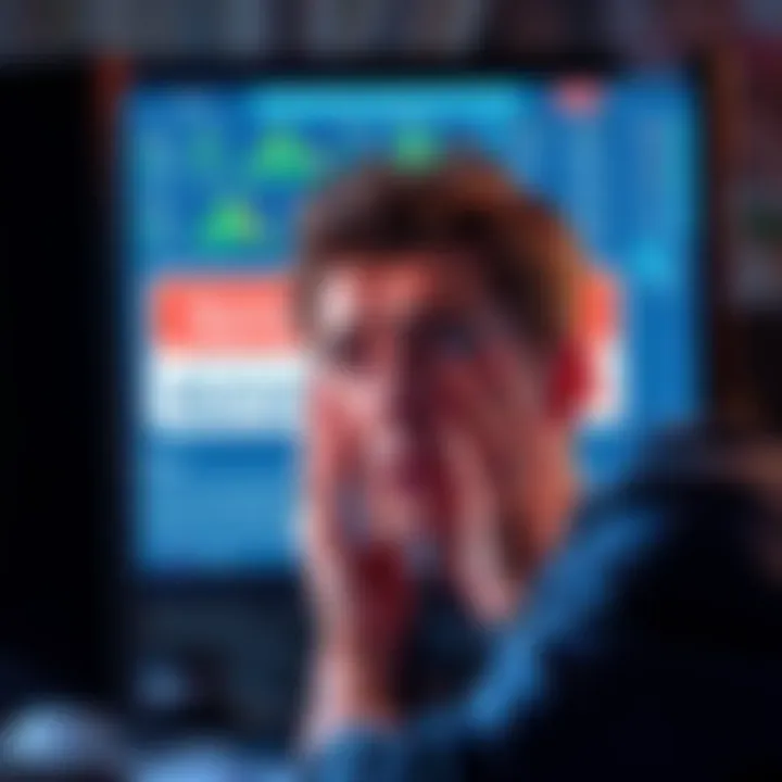 A person looking confused and frustrated at a computer screen, showing a message about being banned from surveys.