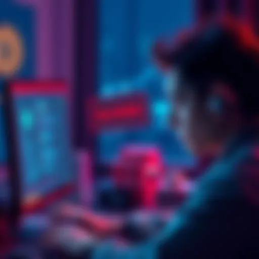 A frustrated user looking at a computer screen displaying a blocked account message, showing concern over inaccessible funds.