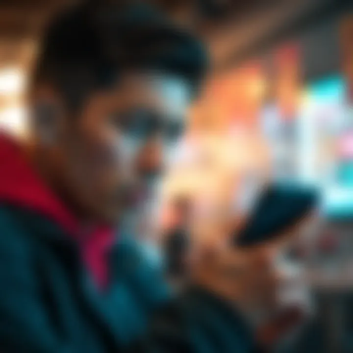 A person looks concerned while looking at their phone, contemplating app trustworthiness and feedback from others.