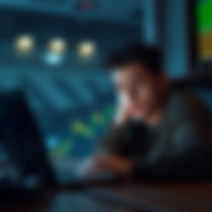 User Sending Cryptocurrency A person looking worried while trying to send cryptocurrency, with a laptop showing a transaction error message on the screen.