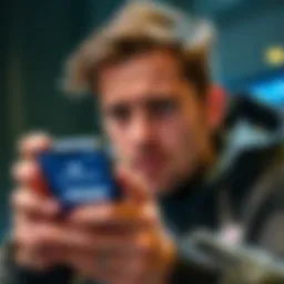 User struggles with app login A frustrated person staring at a phone with a login screen, showing error messages.