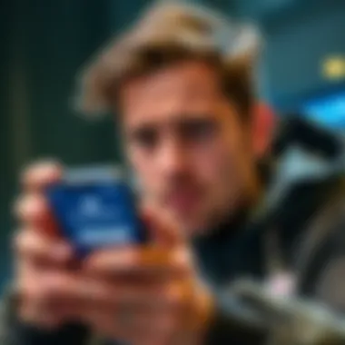 User struggles with app login A frustrated person staring at a phone with a login screen, showing error messages.