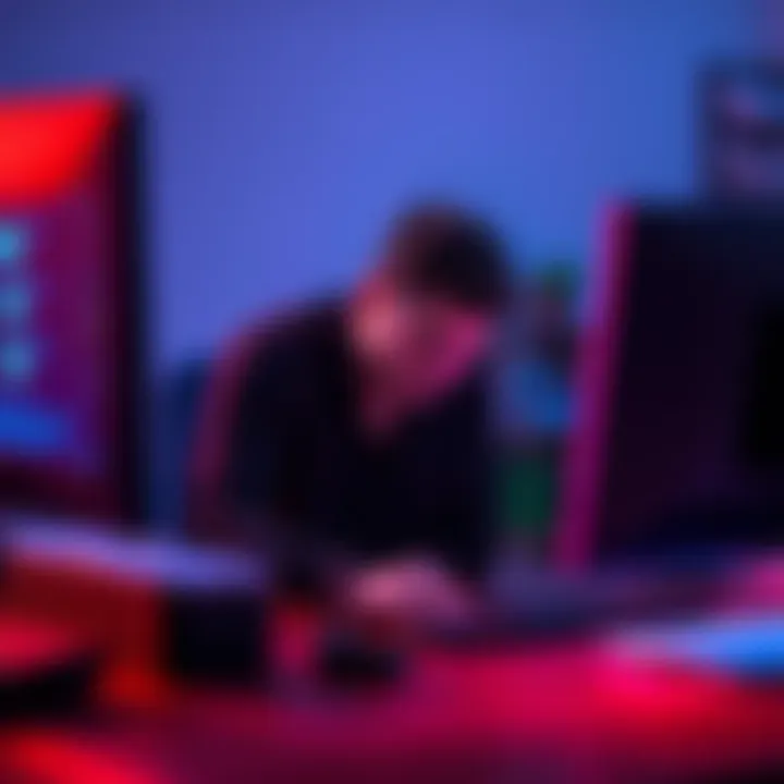 A frustrated person sitting at a desk with a ZyberBlanc/Watch Dog device connected to a PC, showing visible noise issues on their computer screen.