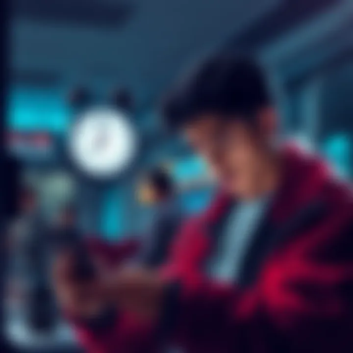 A frustrated person looking at their phone, waiting for KYC verification, with a clock showing the passing time