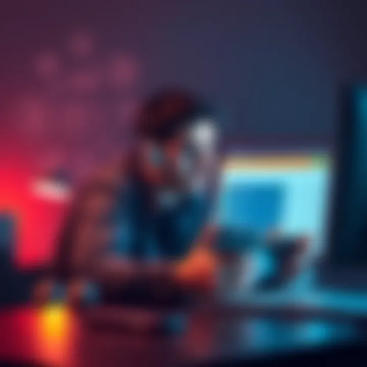 A person sitting at a desk looking worried while holding a Ledger wallet, surrounded by cryptocurrency icons and a computer screen showing a staking interface.