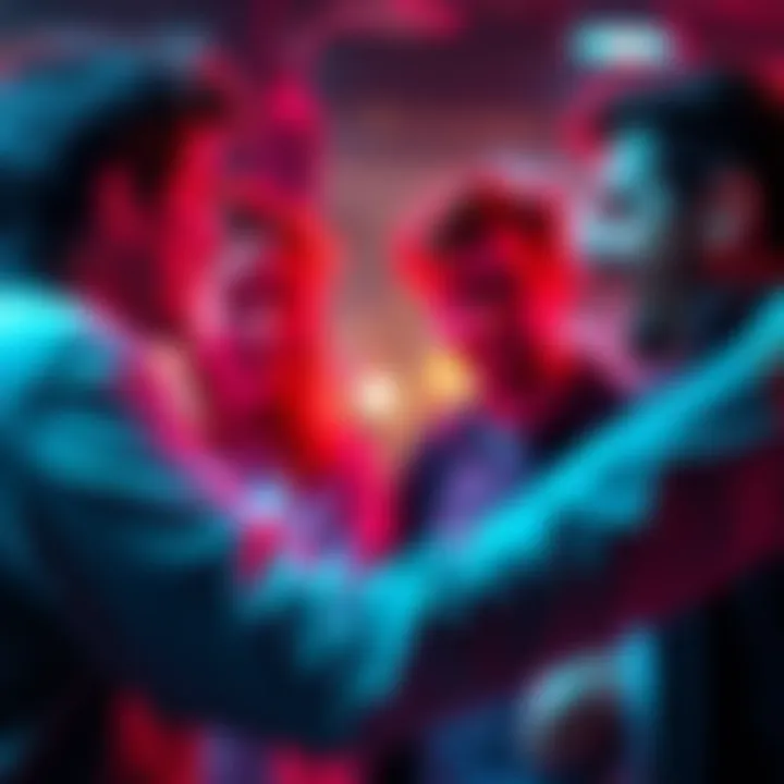 A group of people engaging in a lively discussion about expressing negative opinions on forums, with one person looking concerned and another excited.