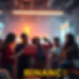 A group of people discussing concerns about Binance with laptops and phones in hand