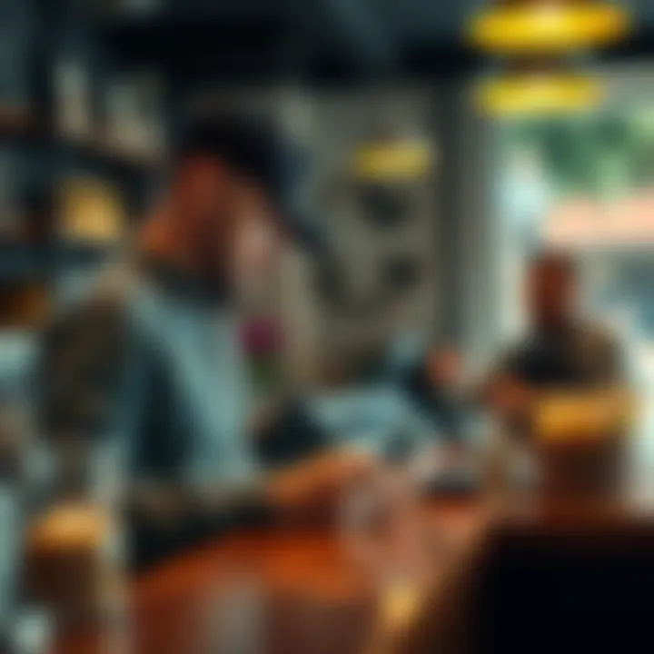 A person trying to pay with a crypto card at a café counter while the barista looks on curiously.